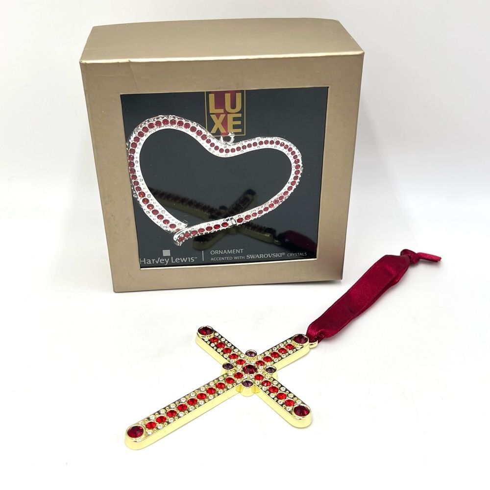 Lot of 2 Harvey Lewis Swarovski Crystal Ornaments - Silver Heart & Gold‎ Cross
